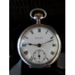 Swiss silver top winding fob watch with white enamel dial marked ROLEX, subsidiary seconds dial.