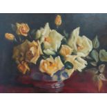 Leonard Carr Cox (1879-1950), Still life cream roses in a vase, Oil on board, Signed, 32 x 37 cm