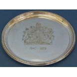 Sterling silver salver commemorating 25 years of Royal Marriage, engraved with bead border.
