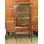 Edwardian mahogany display cabinet with floral marquetry decoration, galleried top, single glazed