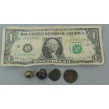 Small collection of ancient money, Roman, Japanese bullet money and a US dollar bill