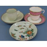 Worcester 1765 white cup and saucer with gilded rims, quail pattern saucer 1765 and a pink and