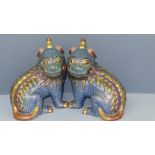 Pair of fine Chinese cloisonne lion dogs, gilt to head, back, tail and feet. Multicoloured