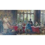 In the style of Frank Moss Bennett, Sir Francis Drake addressing the Queen, Oil on canvas, signed,