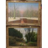 David Mead, 1) River landscape - winter, 2) Track through a forest, Oils on canvas, Signed (pair),