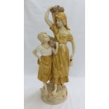 Royal Dux porcelain figure group of woman and girl carrying baskets of grapes. Pink triangular