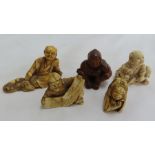 A group of five 19thC ivory and wood netsukes some signed - tallest 1.5 ins.