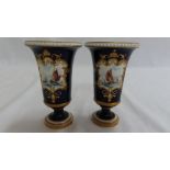 Pair of small Royal Crown Derby trumpet shaped porcelain vases with bead borders, cartouches with