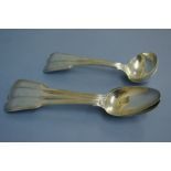 Three matching fiddle and thread pattern Victorian silver serving spoons together with a pair of