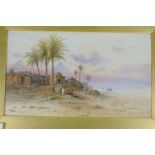 F Catano ?, Desert scene with ruins and pyramids, Watercolour, Signed, 12 x 20 ins.