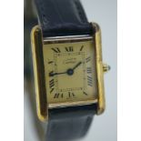 Must de Cartier ladies' tank wrist watch, gold plated on silver, quartz box with instructions