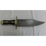 Large example of a 'Bowie' knife with Damascus type blade, horn and nickel handle - length 18.25