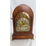 Edwardian inlaid rosewood bracket clock with brass dial, silver chapter ring, Roman numerals,