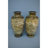 Pair of well decorated Satsuma urns with two panels, having decoration of birds, flora and fauna
