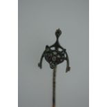 Edwardian gold and silver stick pin in the form of a fox mask with stirrup inset with diamonds and