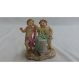 19thC Meissen porcelain figure group of putti with jug and swaddling clothes - Ht. 5 ins., crossed