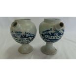 18thC Delft ware flasks with blue and white decoration and names Absynth and Amygd:DVSC (one