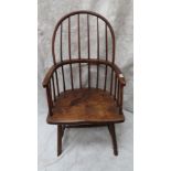 Antique oak and ash comb back Windsor chair with curved top rail, wrap around arms, solid seat, on