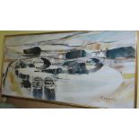 Aynscombe Harris, River, Bridge and boats, Oil on canvas on board, Signed, 48 x 94 ins..