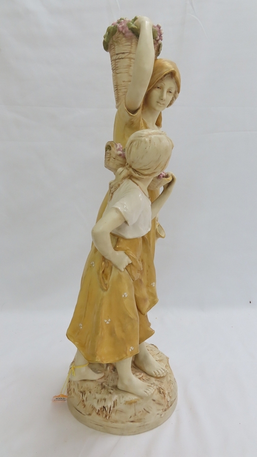Royal Dux porcelain figure group of woman and girl carrying baskets of grapes. Pink triangular - Image 2 of 6