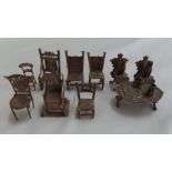 Collection 19thC miniature silver furniture chairs, table and cats on chairs - tallest 2 ins.,