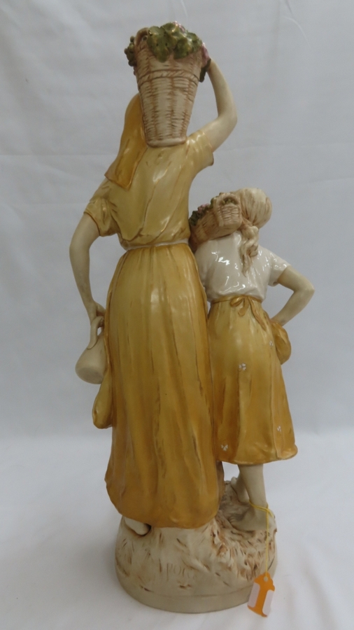 Royal Dux porcelain figure group of woman and girl carrying baskets of grapes. Pink triangular - Image 3 of 6
