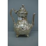 Victorian chased silver coffee pot with flower bud finial, foliate, C scroll and shell decoration.