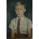 Derek Clarke, Half portrait of a young boy wearing a tartan tie, Oil on canvas, Signed and dated