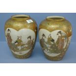 Good pair of Satsuma pottery urns with four panels having decoration of geisha preparing tea,