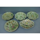 Seven Chinese porcelain celadon dishes with decoration of birds, fruit, insects, flora and fauna.