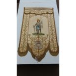 19thC French silk and gold thread church banner with flora and fauna to borders, St. Joanne D'Arc to