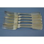 Set of six Victorian silver fiddle and thread pattern table forks. Exeter 1848 & 50. 19.5 ozt. Maker