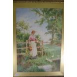 Early 20thC English school H.G., Girl with a jug by a duck pond, Watercolour, Signed and dated 1904,