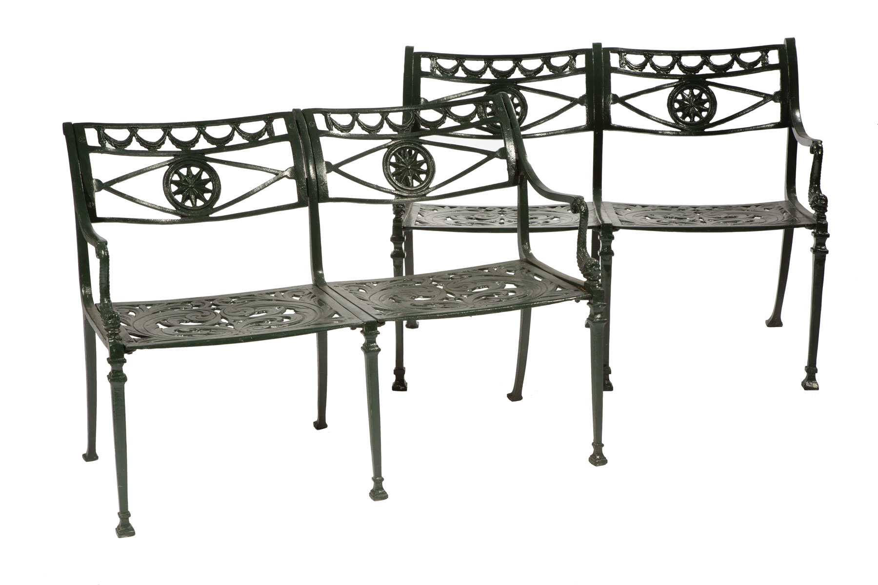 Pair of Vintage Patinated Metal Garden Benches , "Star & Dolphin" pattern, scrolled swagged back,