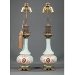 Pair of French Polychrome Porcelain Carcel Lamps , robin's egg blue ground, cartouche with Classical