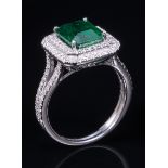 Platinum, Emerald and Diamond Ring , center prong set octagonal step cut emerald, wt. approx. 2.45