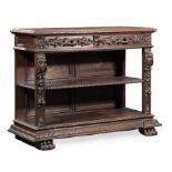 Renaissance Carved Oak Metamorphic Server , late 19th c., hinged top creates gallery, two frieze
