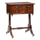 American Classical Carved Mahogany Work Table , early 19th c., banded reeded top, two drawers,