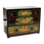 Antique English Chest of Drawers with Later Paint Decoration , top painted with H.M.S. Aurora in