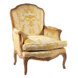 Louis XV-Style Carved Fruitwood Bergere , 19th c., molded crest rail, scrolled arms, cabriole