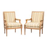 Pair of Louis XVI-Style Carved Mahogany Fauteuils , square padded back, padded scrolled arms,