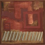 American School, 20th c ., "Abstract Composition in Red", oil on canvas, unsigned, 27 in. x 27