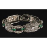 White Gold, Diamond and Green Glass Flexible Bracelet , 4 filigree lengths bezel set with 4 round