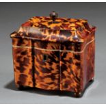 George III Sarcophagus-Form Tortoiseshell Tea Caddy , c. 1800, lidded interior compartment, ball