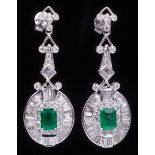 Pair of 14 kt. White Gold, Emerald and Diamond Dangle Earrings , set with 2 prong set octagonal step