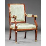 French Restauration Bronze-Mounted Mahogany Fauteuil , 19th c., scrolled back, padded arms with