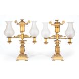 Pair of American Late Classical Gilt Bronze Two-Light Argand Lamps , c. 1830-40, foliate and