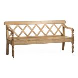 Antique Continental Pine Bench , latticework back, plank seat, turned tapered legs , h. 35 in., w.