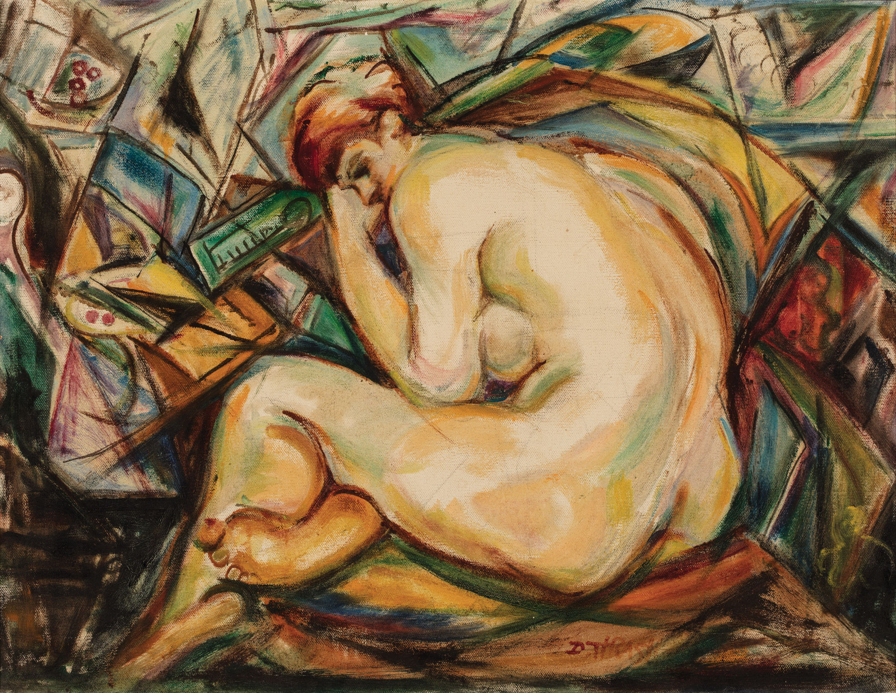 Dox Thrash (American/Pennsylvania, 1893-1965), "Nude in a Cubist Composition", oil on canvas, signed - Image 2 of 3