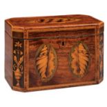 George III Inlaid Mahogany Tea Caddy , early 19th c., canted corners, shell and vase inlay, interior